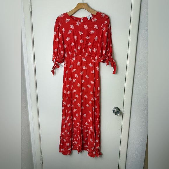 Ghost London red and white floral tie sleeve, short sleeve midi dress S - Picture 3 of 10